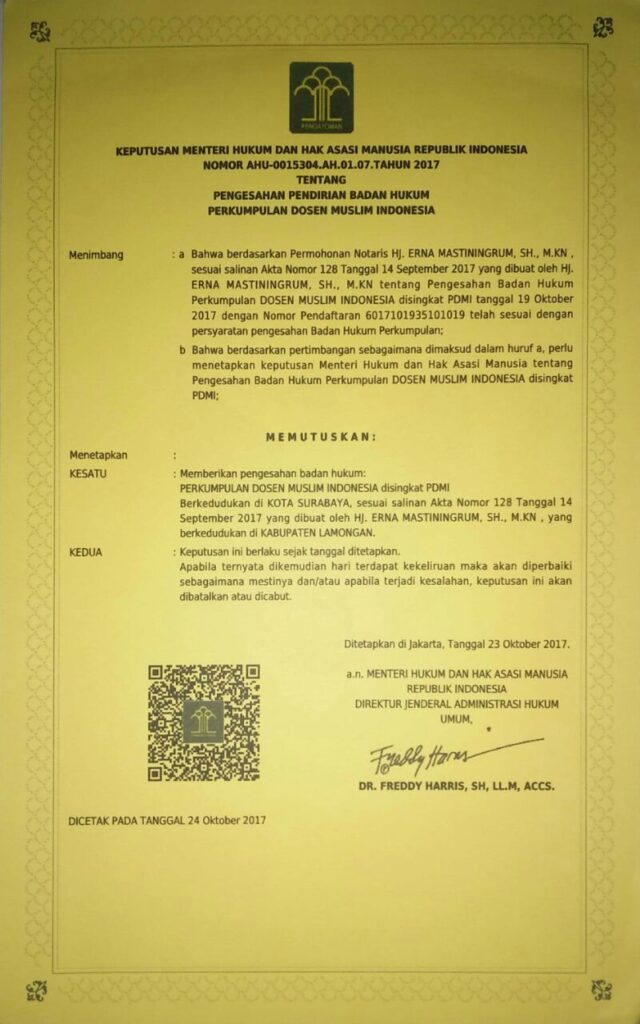 SK Kemenkumham Pengesahan Pendirian Badan Hukum Perkumpulan Dosen Muslim Indonesia